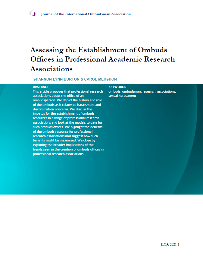 Cover page for "Assessing the Establishment of Ombuds Offices in Professional Academic Research Associations"