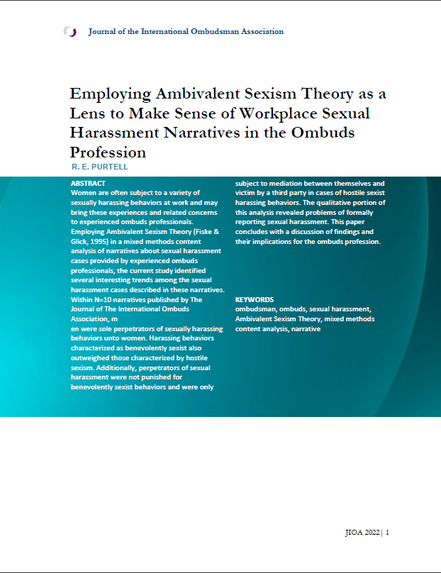 cover page for "Employing Ambivalent Sexism Theory as a Lens to Make Sense of Workplace Sexual Harassment Narratives in the Ombuds Profession"