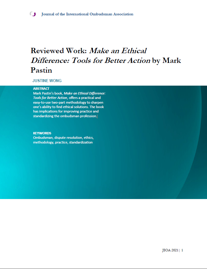 Cover Page: Reviewed Work: "Make an Ethical Difference: Tools for Better Action" by Mark Pastin