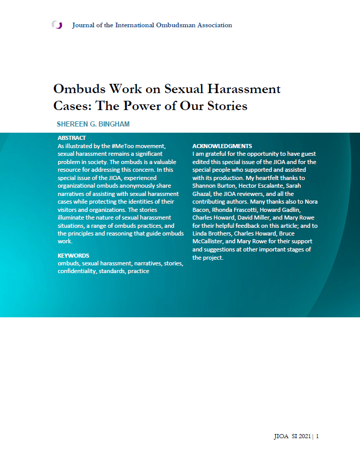 Cover Page: Ombuds Work on Sexual Harassment Cases: The Power of Our Stories